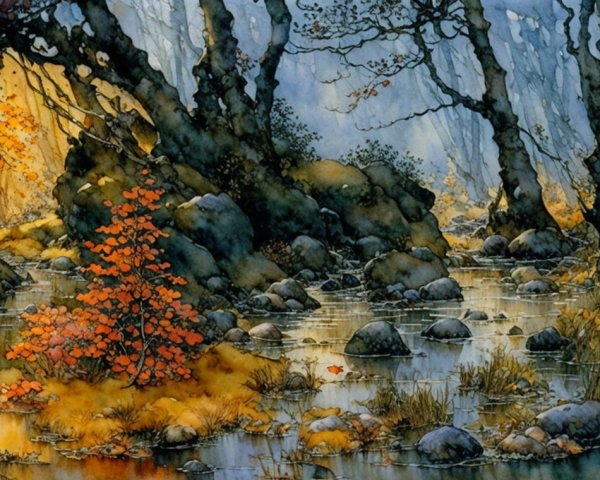 Serene Forest Scene with Stream and Autumn Foliage