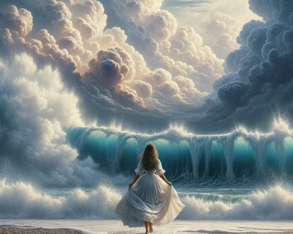 Woman in White Dress on Serene Beach with Waves