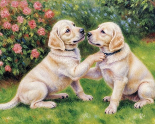 Golden Retriever Puppies Play in Lush Garden Setting