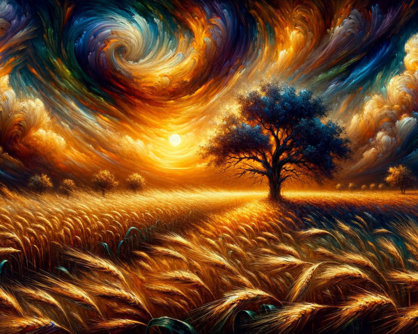 Vibrant Landscape with Swirling Sunset Sky and Tree