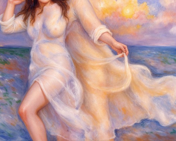 Woman in Translucent Dress by Ocean at Sunset