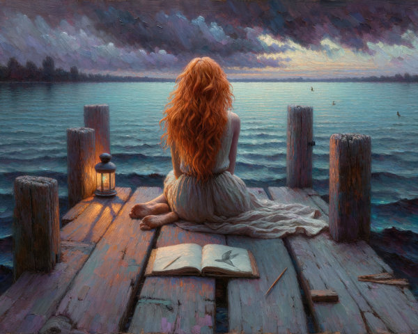 Dusk Scene of a Woman by a Calm Lake with Lantern