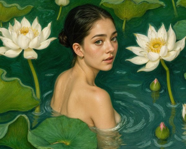 Young Woman in Tranquil Pond with Lotus Flowers