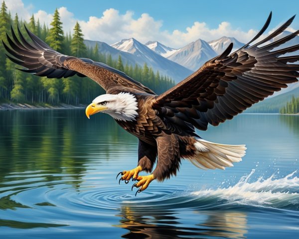 Bald Eagle Soaring Over Serene Lake and Mountains