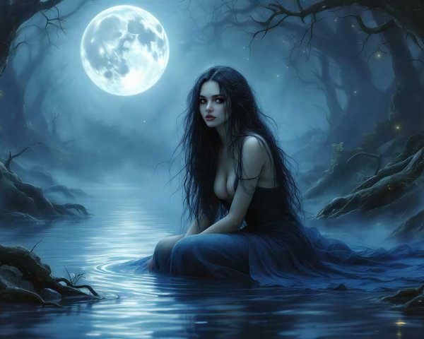 Ethereal Woman in Misty Forest by Moonlit Water