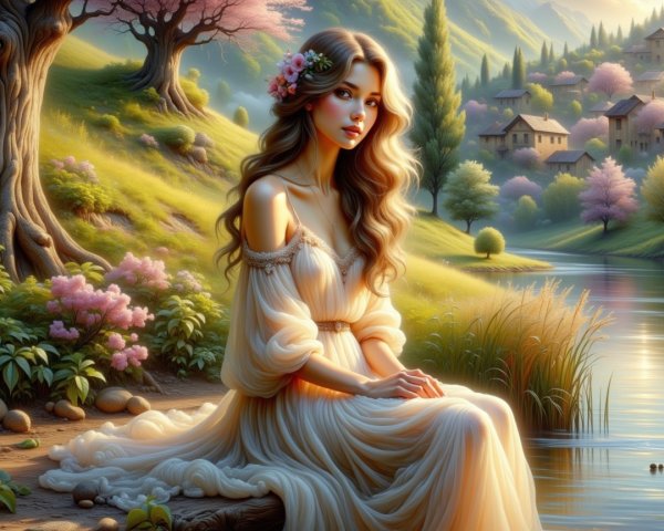 Young Woman by Tranquil Pond in Serene Landscape