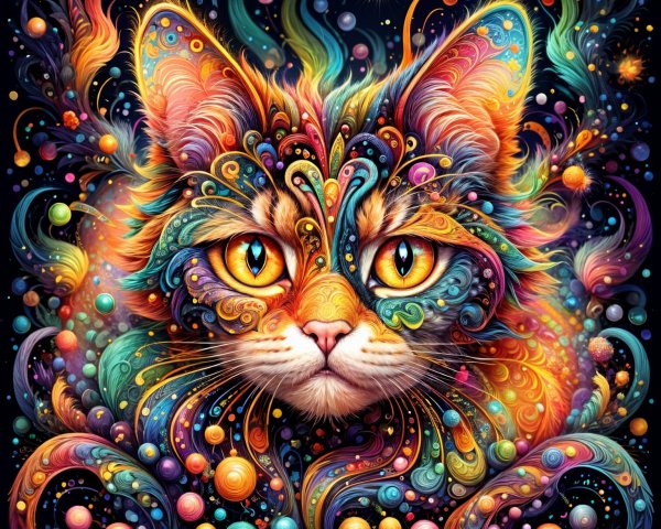Psychedelic Cat Face with Colorful Swirls and Patterns