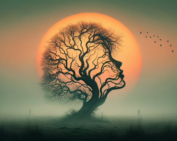 Surreal Tree Shaped Like Woman's Profile Under Sun