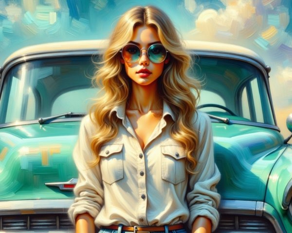 Stylish Woman with Vintage Car in Nostalgic Setting
