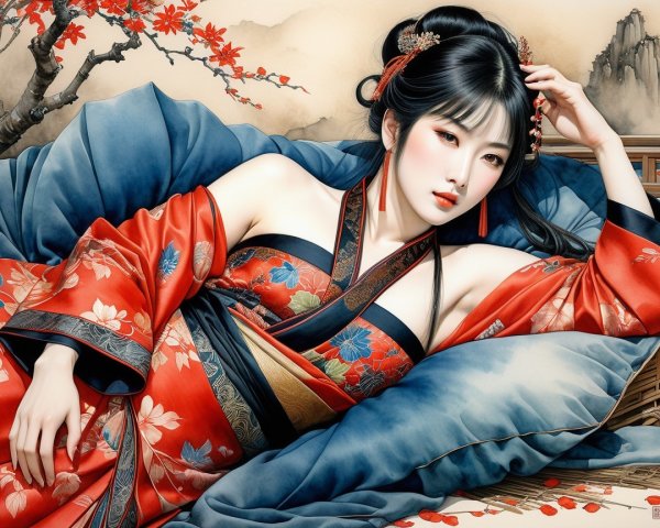 Woman in red kimono with floral patterns and scenery