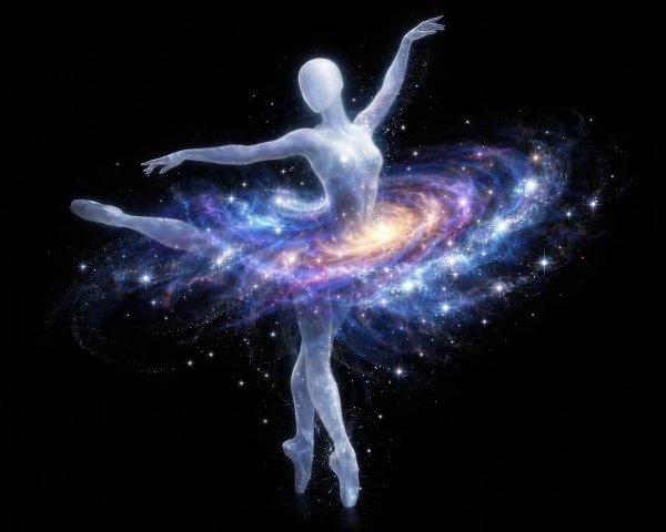 Translucent Dancer with Galaxy Skirt on Black Background