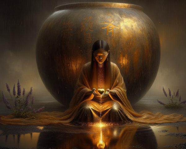 Mystical Figure with Hearts in Serene Setting