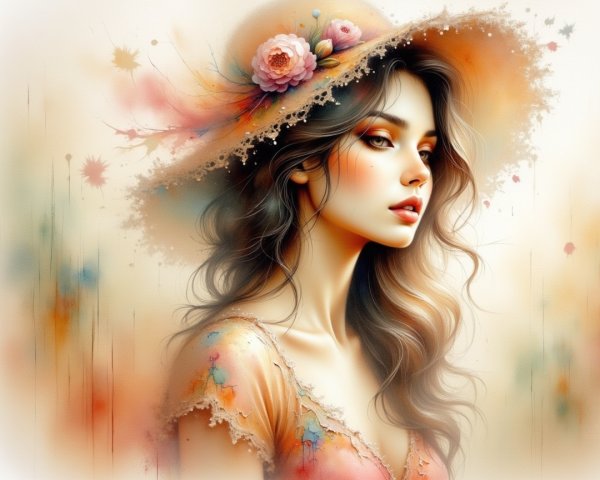 Young Woman in Floral Hat with Soft Pink Flowers