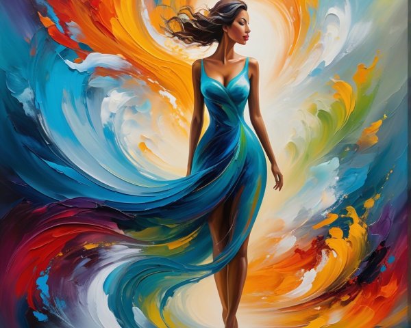 Vibrant Painting of Woman in Teal Dress and Swirling Colors