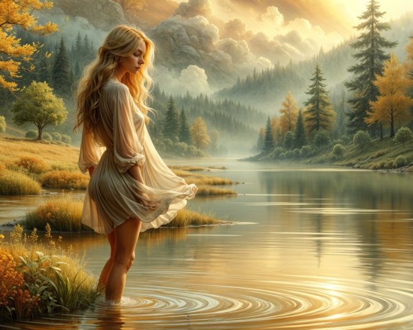 Serene landscape with a woman in a tranquil river