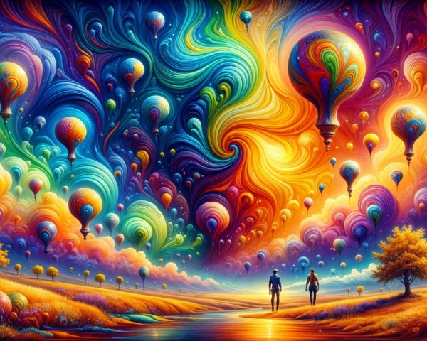 Dreamlike Landscape with Figures and Hot Air Balloons