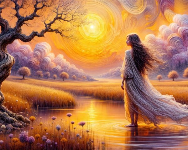 Serene Sunset Landscape with Woman in Tranquil Pond