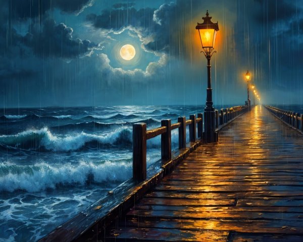 Moonlit Pier Overlooking Turbulent Sea and Rain