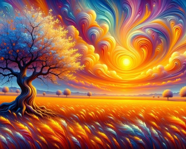 Vibrant landscape with a lone tree and swirling sky