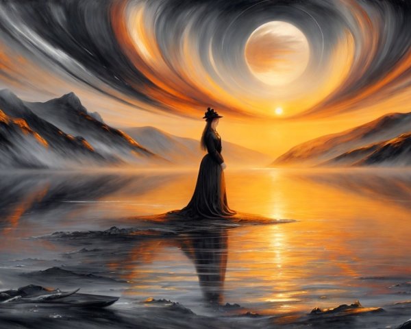 Silhouette in Black Gown at Sunset on Island