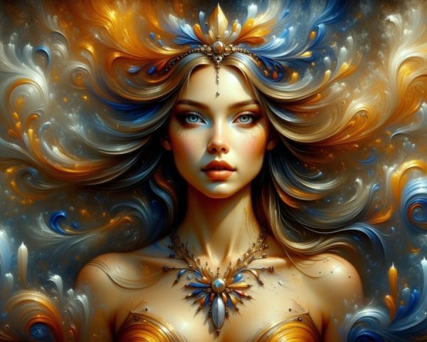 Digital Portrait of a Woman with Vibrant Hair and Jewelry
