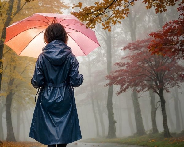 Person with pink umbrella in foggy autumn forest