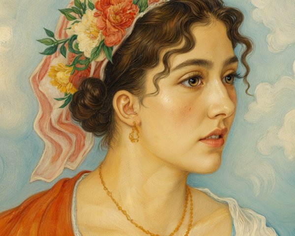 Close-Up Portrait of a Woman with Flowers and Scarf