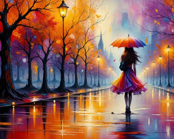 Lone Figure with Red Umbrella on Autumn Pathway