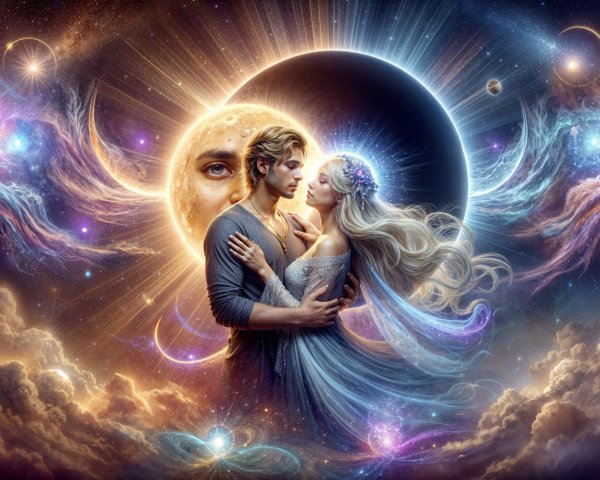 Couple Embraced Under Cosmic Solar Eclipse Scene