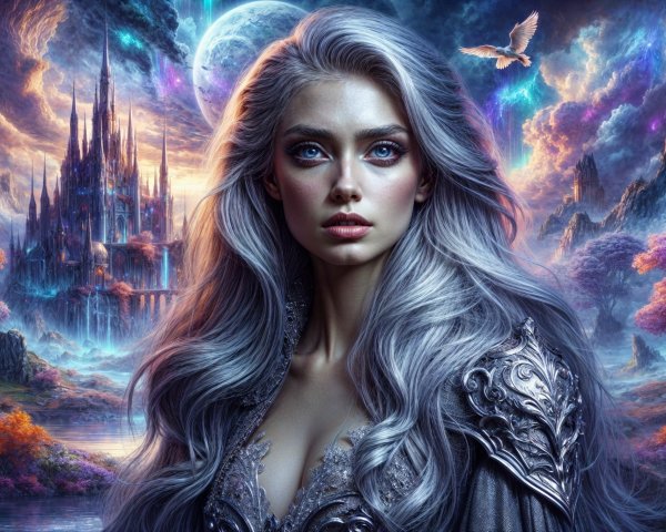 Fantasy Landscape with Silver-Haired Woman and Castle