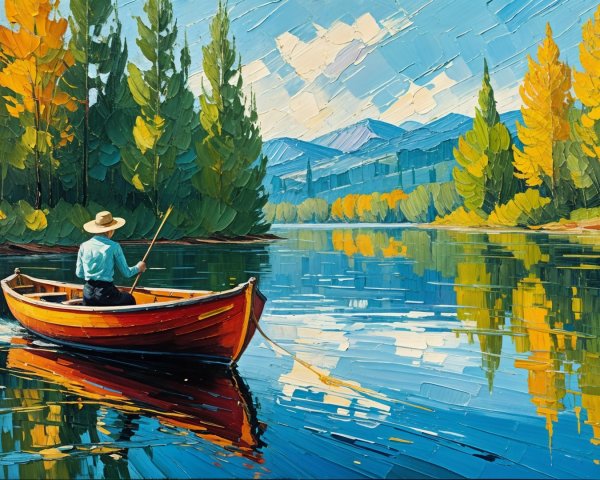 Lone Fisherman in Red Boat on Calm River Landscape