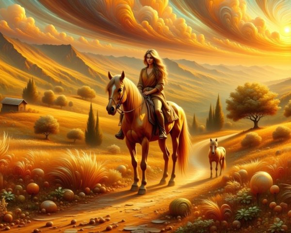 Blonde Woman on Horse in Golden Fields with Mountains