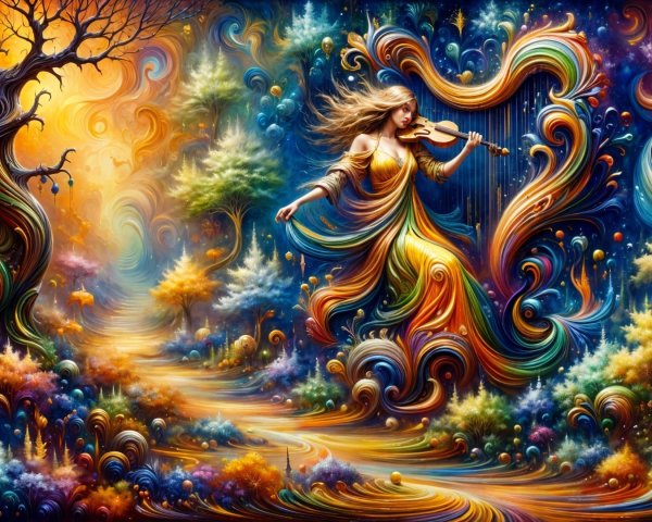 Ethereal Scene of a Woman Playing Violin in Colorful Landscape
