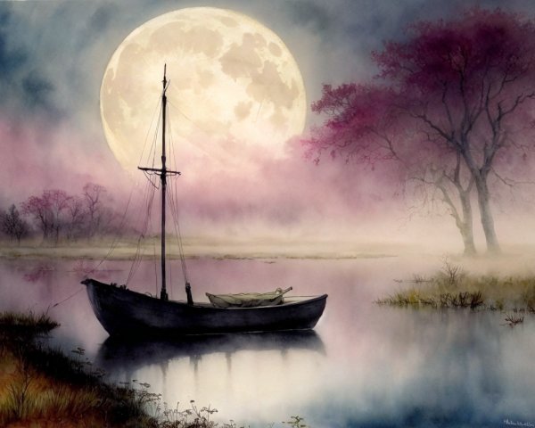 Serene landscape with boat on calm waters and moon