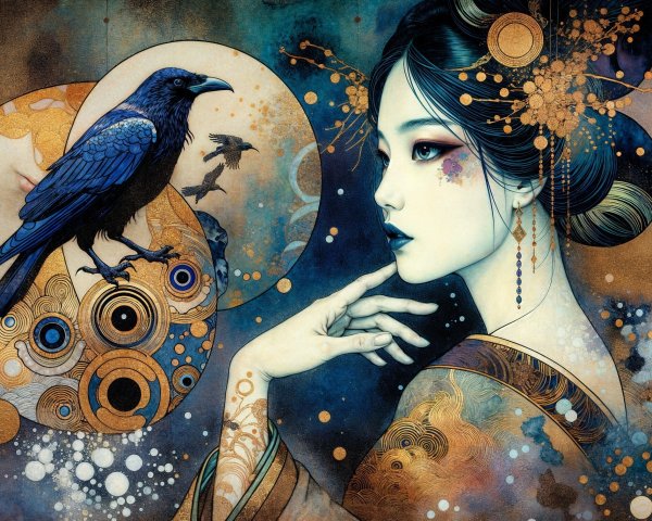 Elegant woman and raven in vibrant abstract art