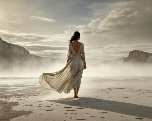 Solitary Figure in White Dress at Serene Beach Sunset