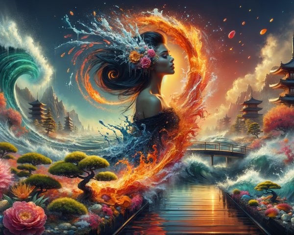 Ethereal Landscape with Woman, Waves, and Flames