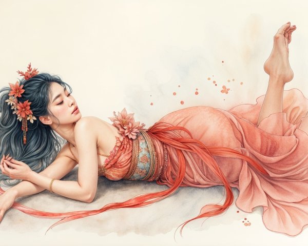 Serene woman in soft pink dress on pale background