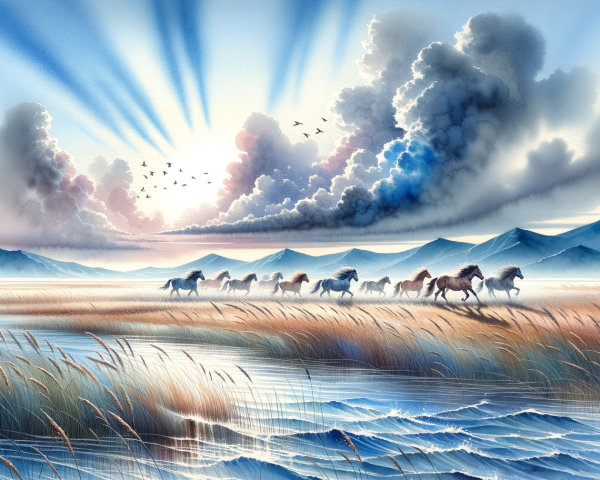 Horses Galloping in a Serene Marsh Landscape