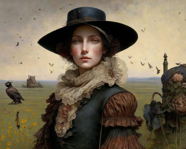 Portrait of a young woman in a floral landscape