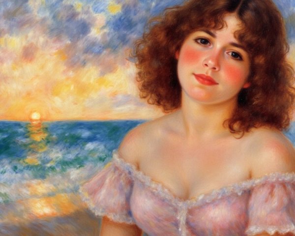 Young woman in pink dress by ocean sunset