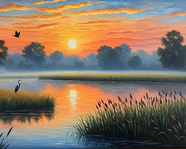 Serene Sunrise Landscape with River and Wildlife