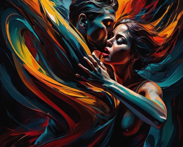 Abstract Painting of a Couple in Passionate Embrace