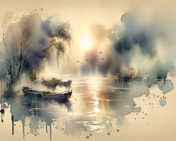 Tranquil Waterway at Sunrise in Watercolor Art