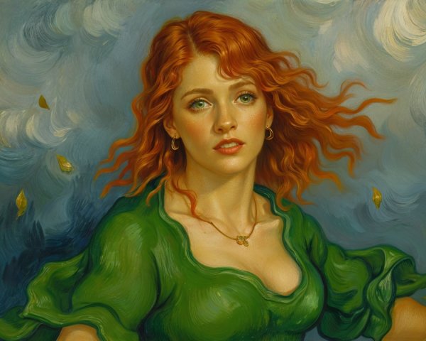 Young woman with red hair and green blouse in soft colors