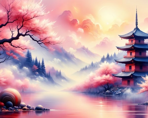 Serene Landscape with Pagoda and Cherry Blossoms