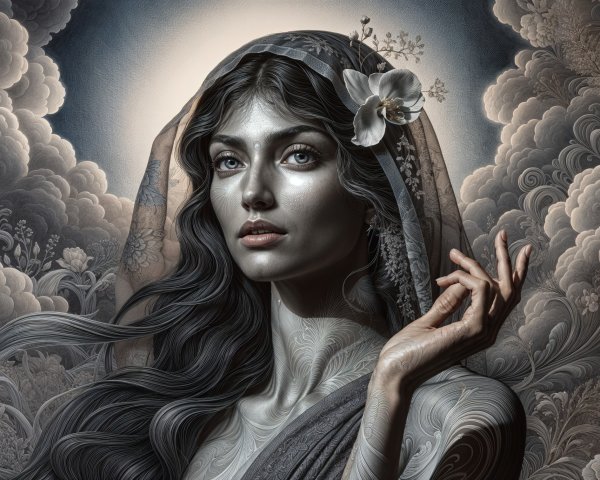 Serene Woman with Silver Skin and Floral Veil