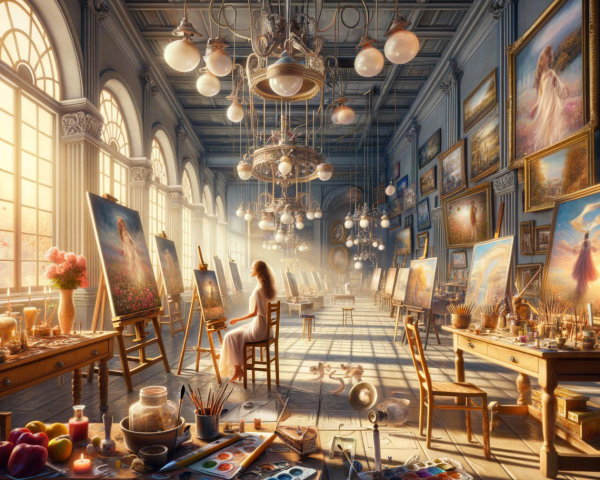 Sunlit art studio with vivid paintings and chandeliers