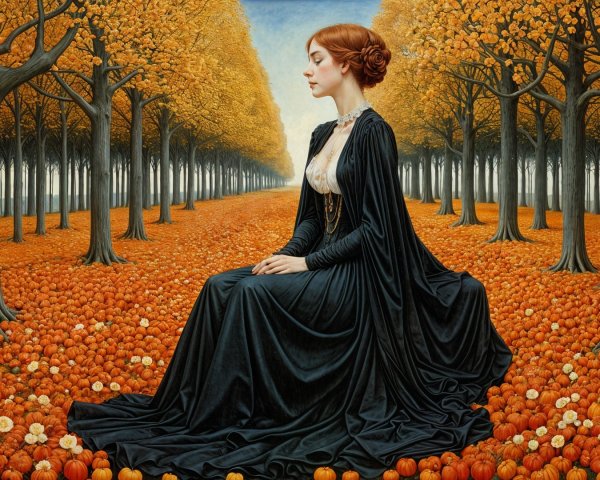 Autumn Landscape with Woman Among Vibrant Pumpkins