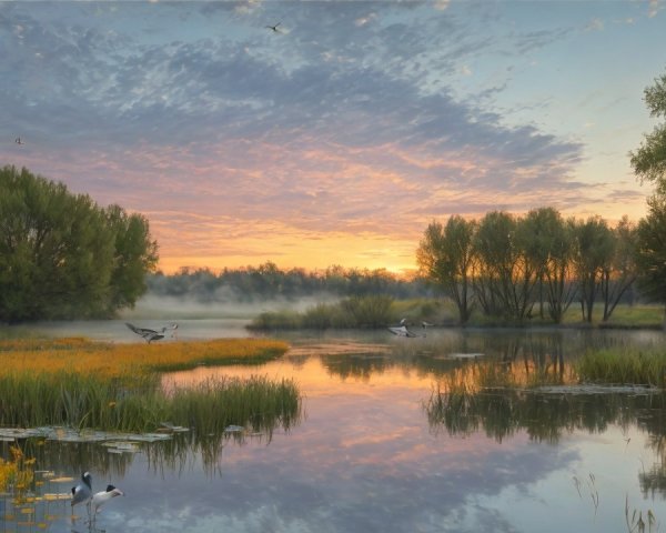 Tranquil River Landscape at Sunrise with Lush Greenery